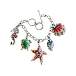 Charm Bracelet StarFish Seahorse Oyster Shell Turtle Cruise Statement Chunky 7"